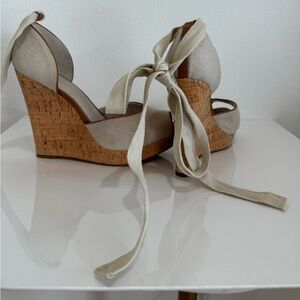 Nine West Heels Womens size 8 MLove Story Casual Ankle Strappy Wedge Tan Textile
